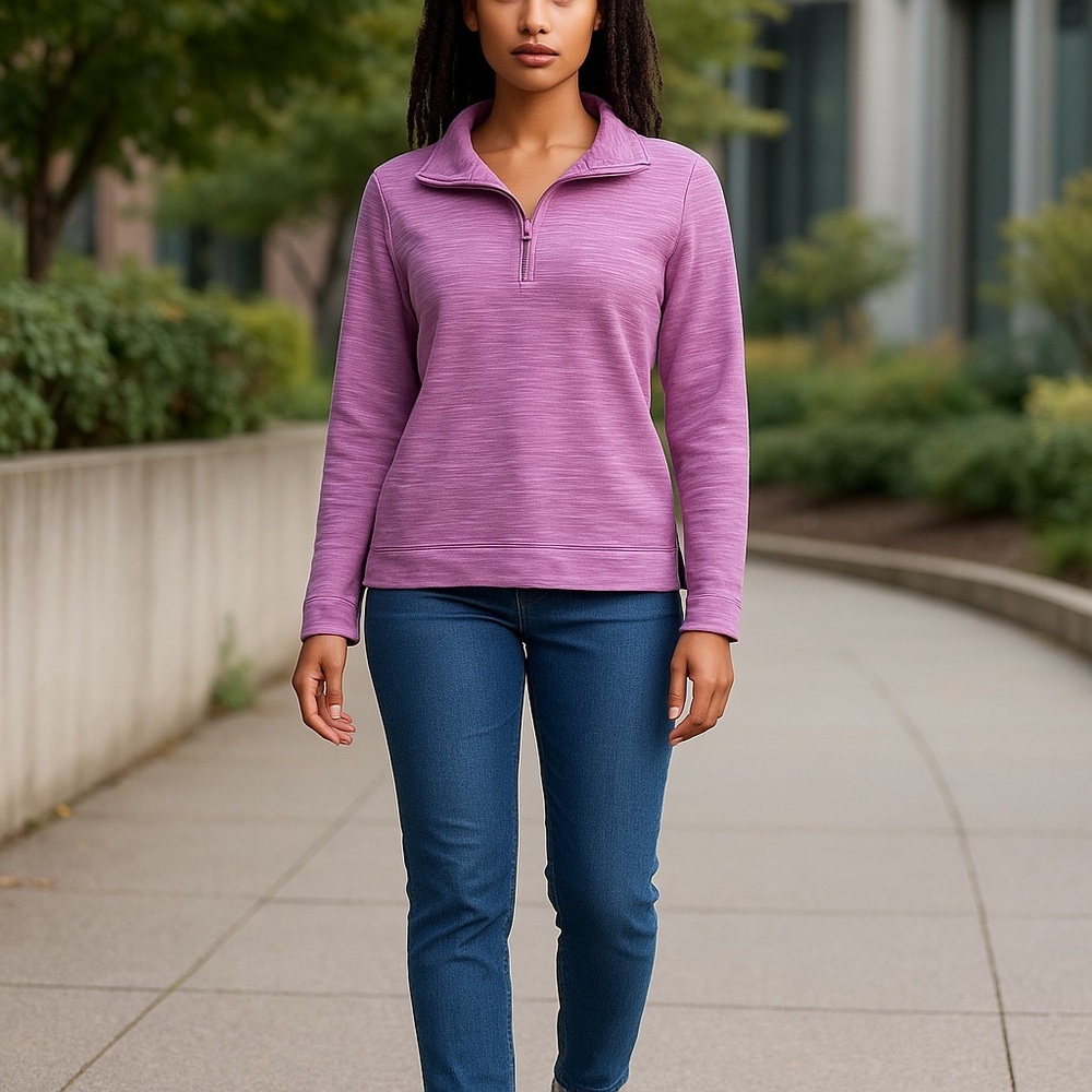 Croft & Barrow Top Zipper Turtleneck Pullover Purple Silver Stripes - Picture 2 of 16